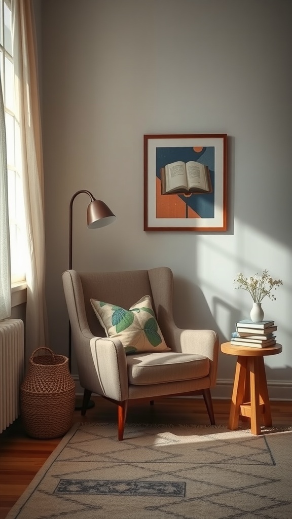 Cozy reading corner featuring an orange chair and a small side table with a book.