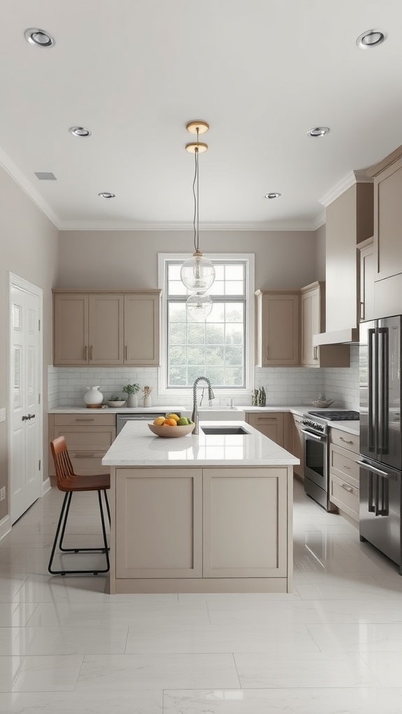 A modern U-shaped kitchen with a spacious island, neutral cabinets, and a large window.