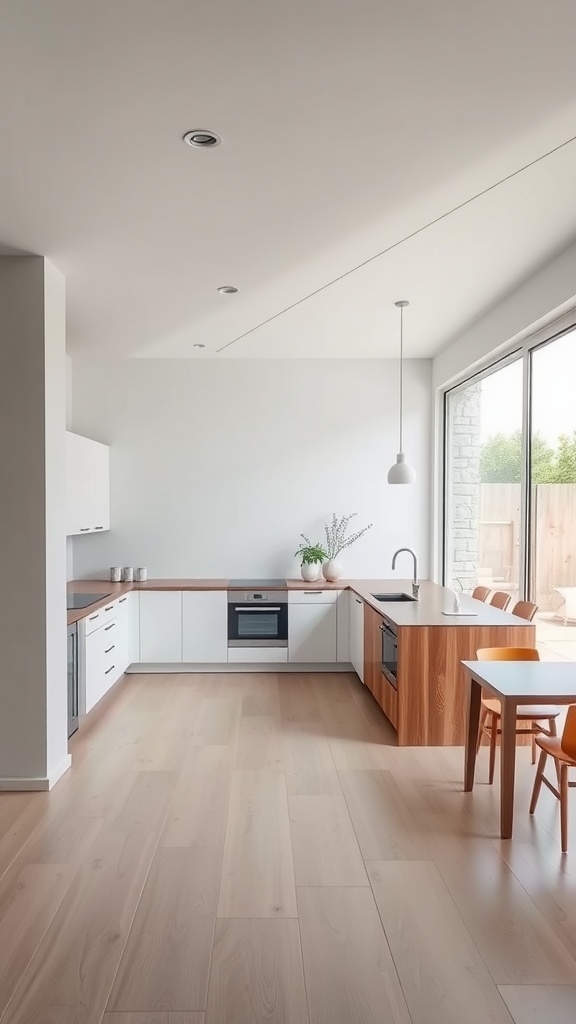 A modern U-shaped kitchen featuring large windows and a warm wood and white color scheme.