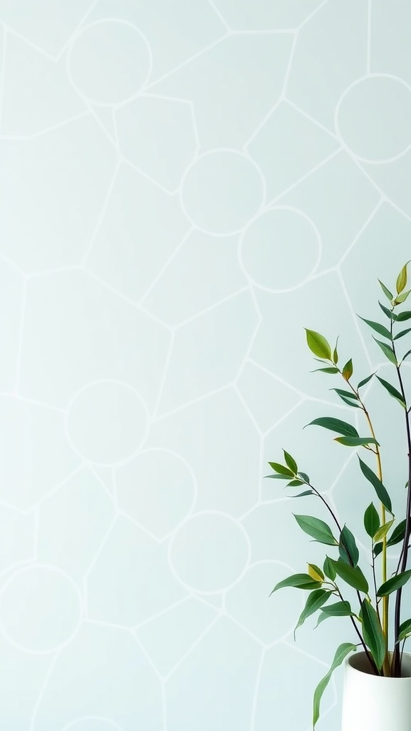 A serene office wall with a soft pastel pattern and a leafy green plant.