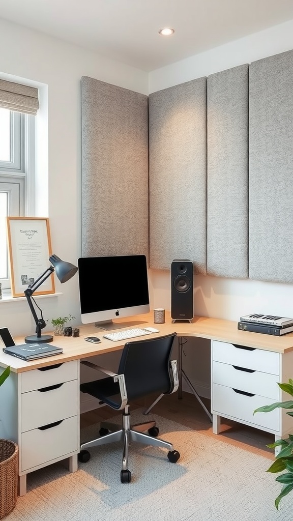 A stylish home office featuring soundproof wall panels, a computer setup, and organized desk space.