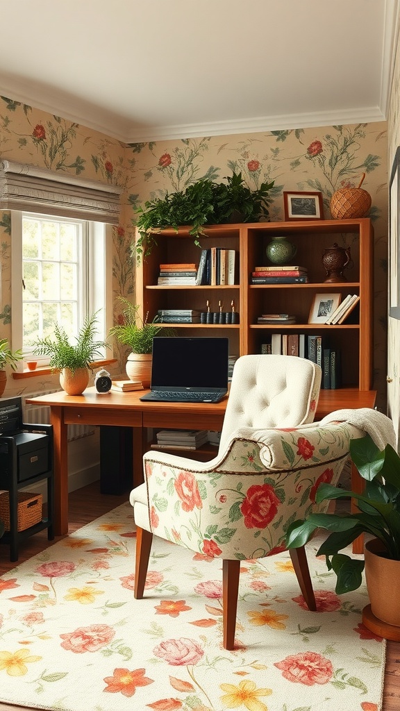 A beautifully designed home office featuring floral wallpaper, wooden furniture, and potted plants, evoking a natural theme.