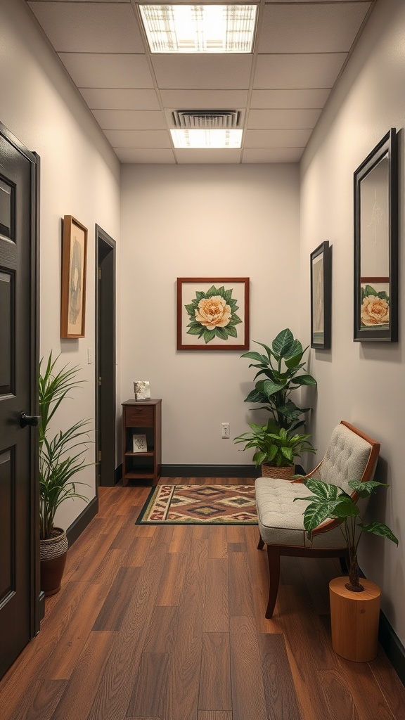 Welcoming small office entryway with plants, bench, and artwork