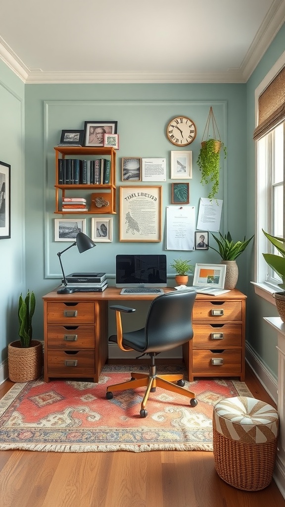 A cozy home office featuring a wooden desk, bookshelves, plants, and a colorful rug.