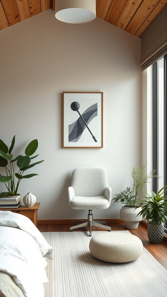 A serene corner of a home office guest room featuring a comfortable chair, round pouf, plants, and calming artwork.