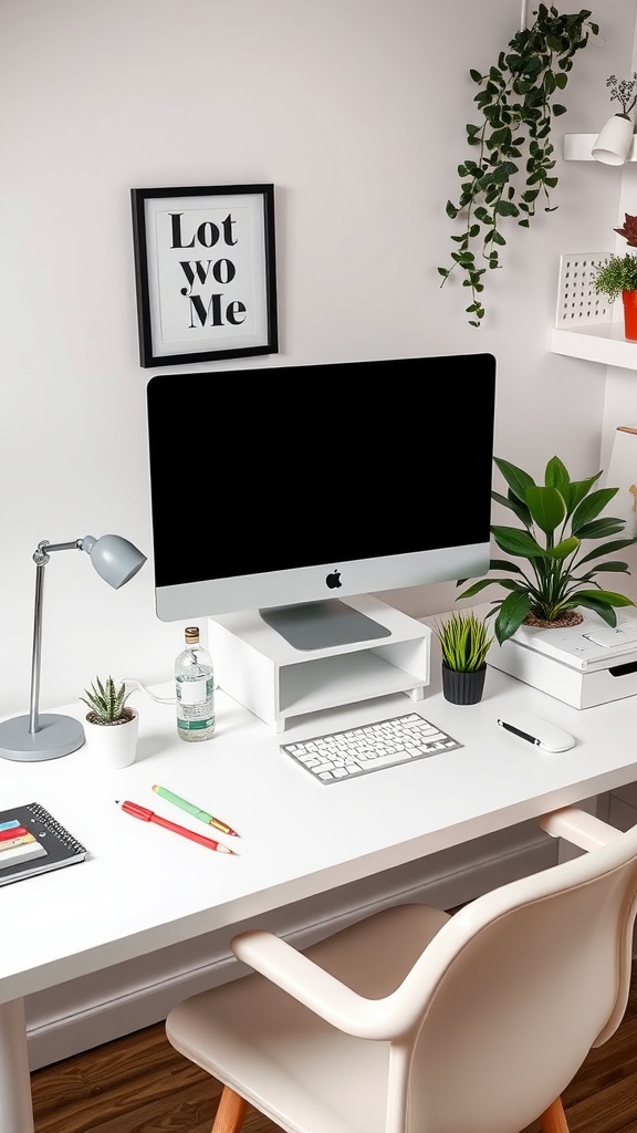 A modern workspace featuring a white desk, computer, plants, and decorative elements.