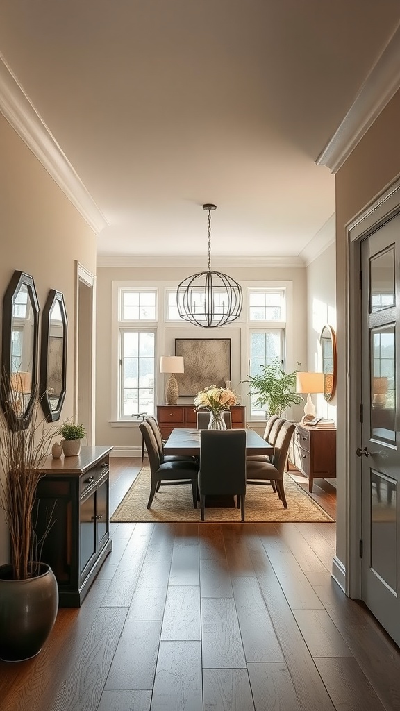 A well-lit entryway leading into a living and dining room combo, featuring decorative mirrors, plants, and modern lighting.