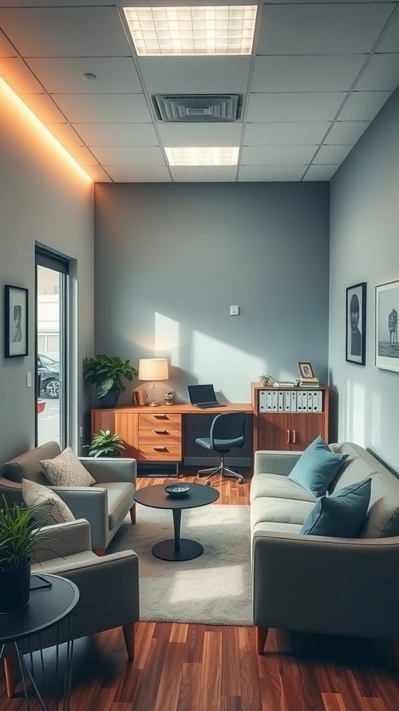 A cozy reception area with gray walls, comfortable seating, and warm wooden furniture