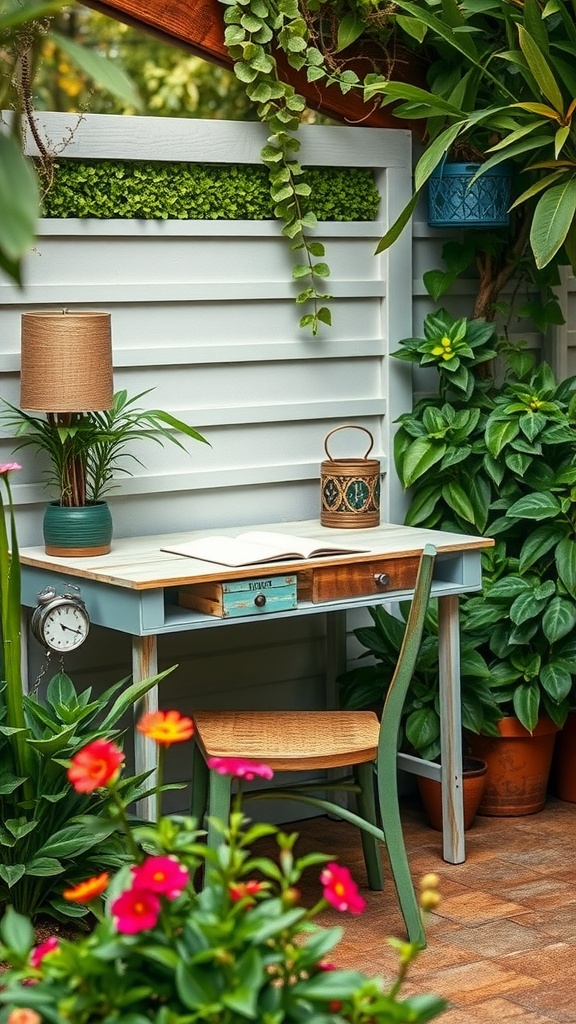 A cozy outdoor workspace with a wooden desk, chair, and surrounding flowers and plants.