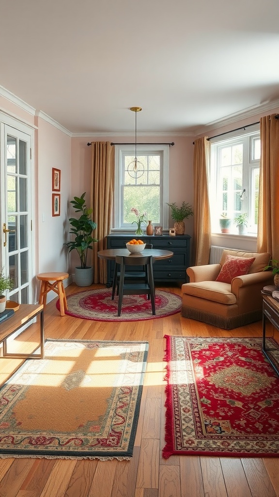 A cozy living room and dining room combo with distinct areas defined by colorful rugs.