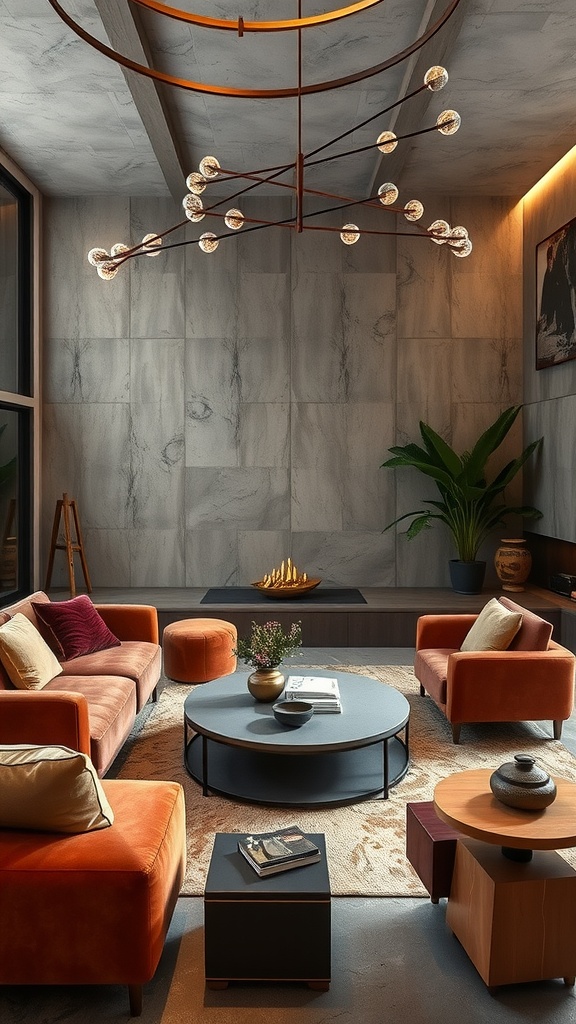 A modern living room featuring a warm color palette with velvet and concrete elements, designed for intimacy.