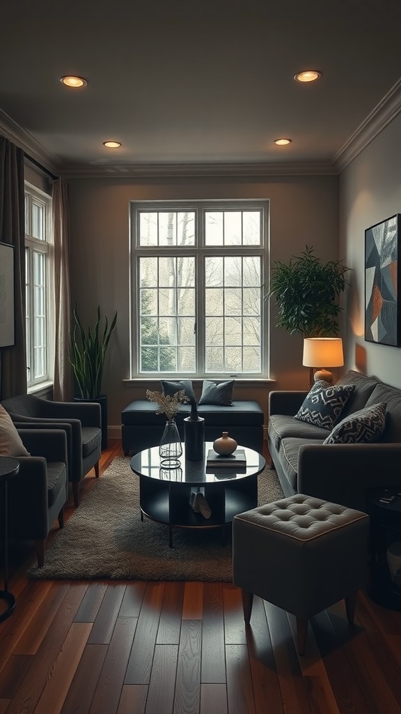 Cozy living room with dark palette and modern decor