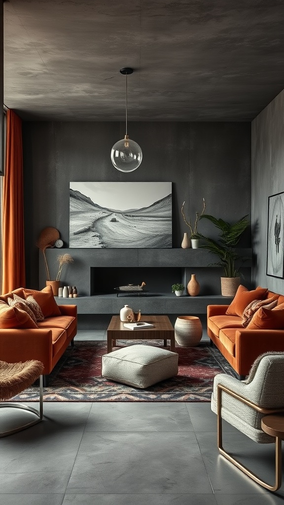 A modern living room featuring orange velvet sofas, a geometric coffee table, and a patterned rug, with concrete walls and warm lighting.