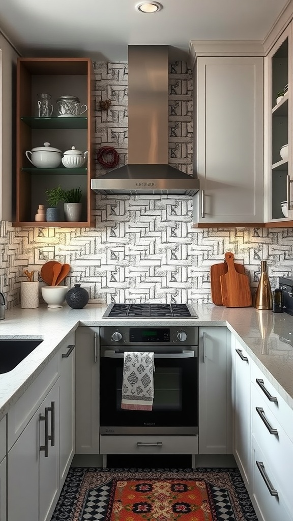 A small kitchen with a creative geometric backsplash, modern appliances, and open shelving.