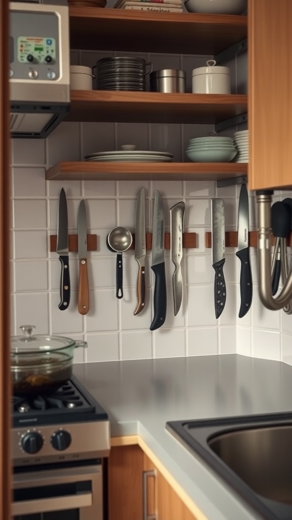 A neatly organized kitchen backsplash with knives hanging on wooden strips, showcasing effective storage in a small kitchen.