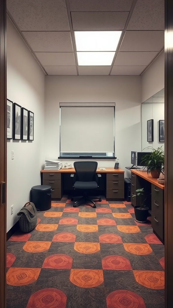 A small home office with a colorful circular patterned carpet, a desk, and a comfortable chair.