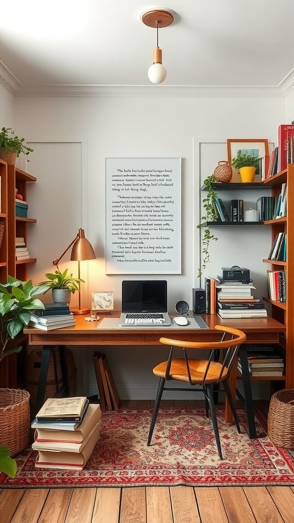 Cozy writing nook with a wooden desk, bookshelves, plants, and a literary quote on the wall.