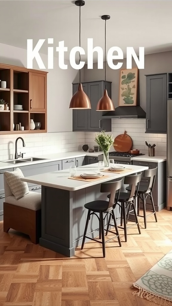 A modern kitchen featuring a corner island with seating, showcasing a cozy design with dark gray cabinetry and warm wood tones.