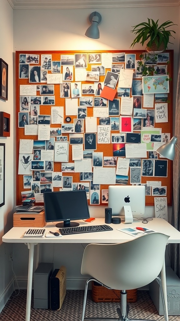 A well-organized creative workspace featuring an inspiration board filled with photos and notes, a modern desk with computers, and a plant.