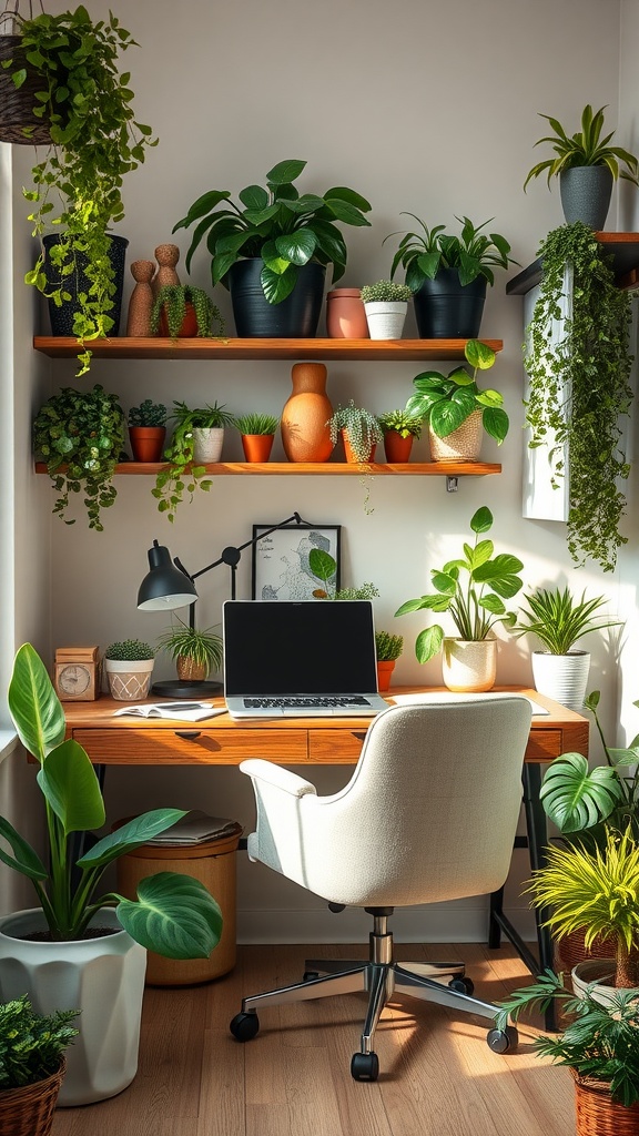 A small home office setup featuring a wooden desk with a laptop, surrounded by various plants on shelves and the floor.