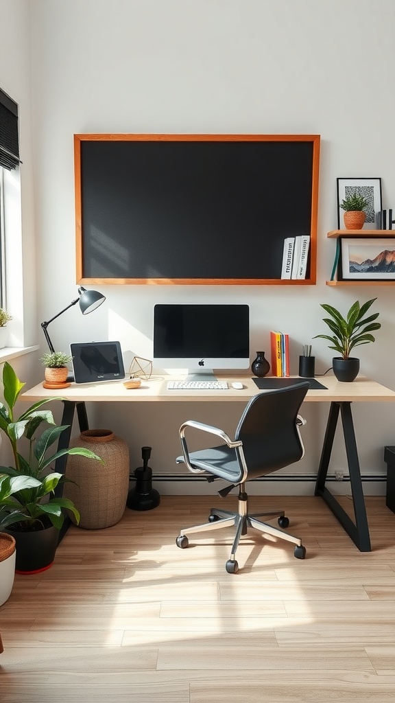 A well-organized feminine home office with a large desk, computer, plants, and a chalkboard.