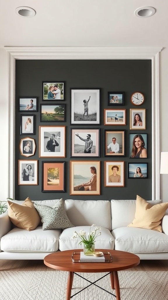 A creative gallery wall featuring a variety of framed photos, a clock, and a cozy sofa in a country farmhouse living room.