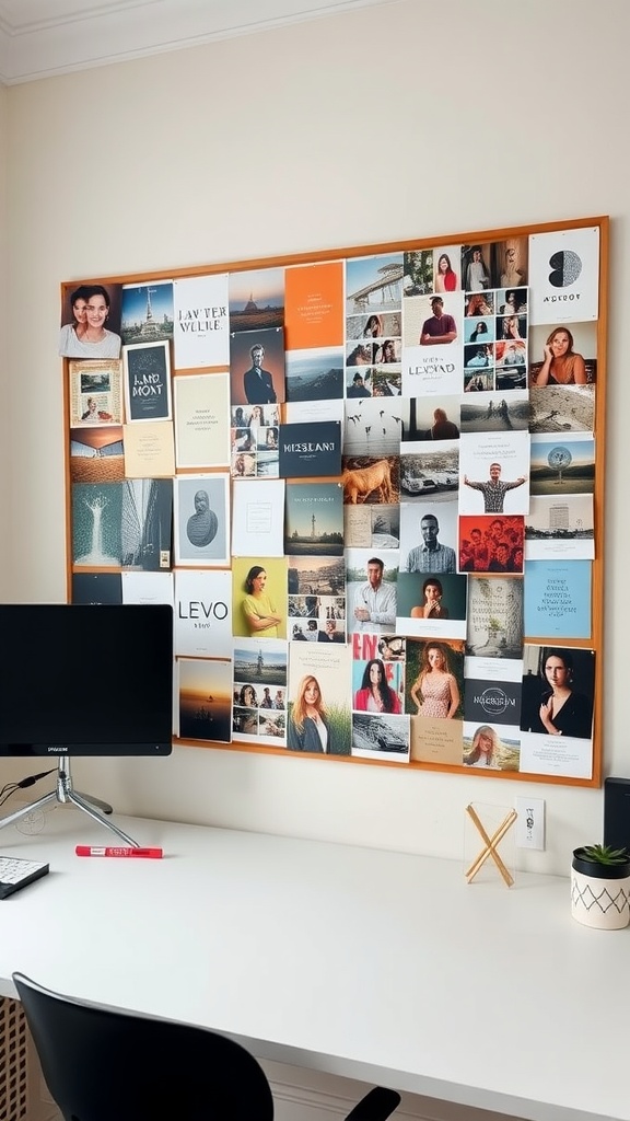 A creative inspiration board featuring a collage of photographs, quotes, and designs in a feminine home office setting.