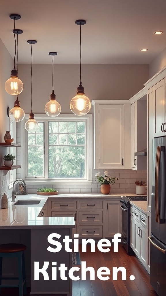 A U-shaped kitchen with pendant lighting and a cozy atmosphere.