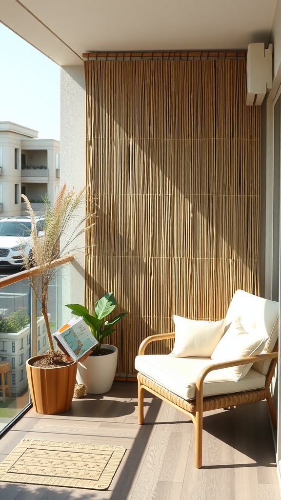 A cozy balcony featuring a woven bamboo privacy screen, a comfortable chair, and potted plants.