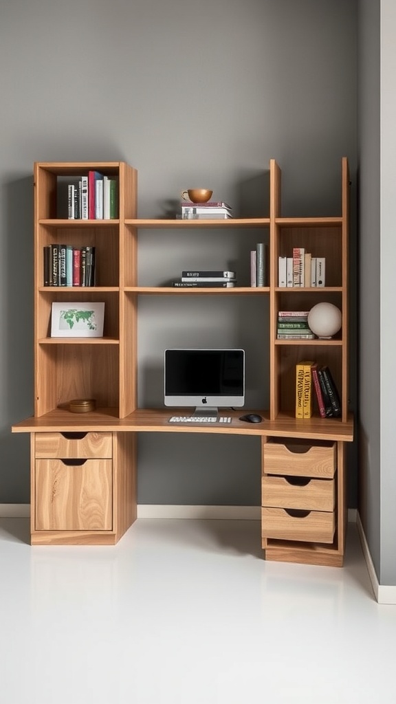 A wooden corner desk with shelves, drawers, and a computer setup.