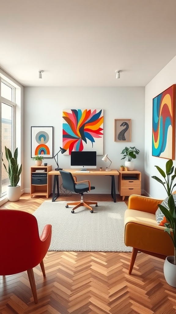 A bright and colorful home office with artistic wall decor, a wooden desk, ergonomic chair, and plants.