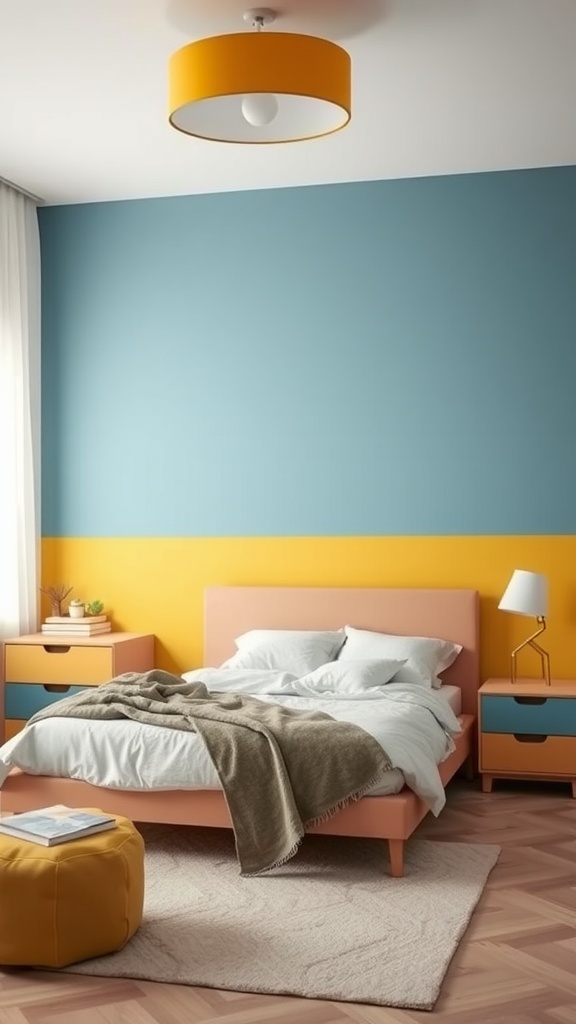 A modern bedroom featuring blue and yellow color blocking, a pink bed frame, and stylish decor.