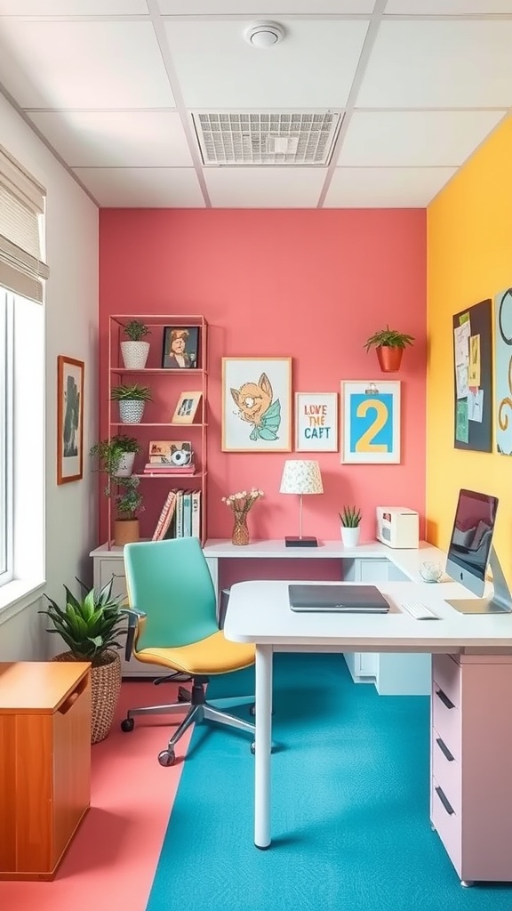 A colorful small home office with coral, yellow, and teal walls, featuring a white desk and vibrant chair.