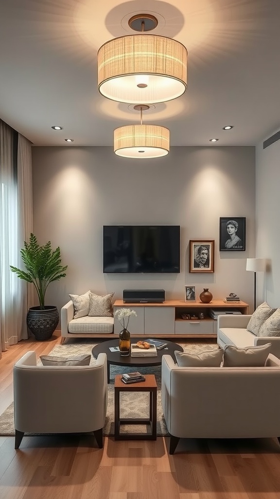 A modern living room featuring stylish pendant lights and a cozy seating arrangement.