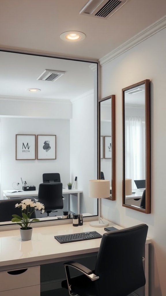 A small home office featuring mirrors that enhance the space's brightness and elegance.