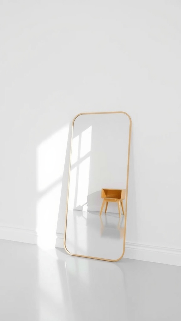 A large mirror with a light frame reflecting a small chair in a bright, minimalistic room