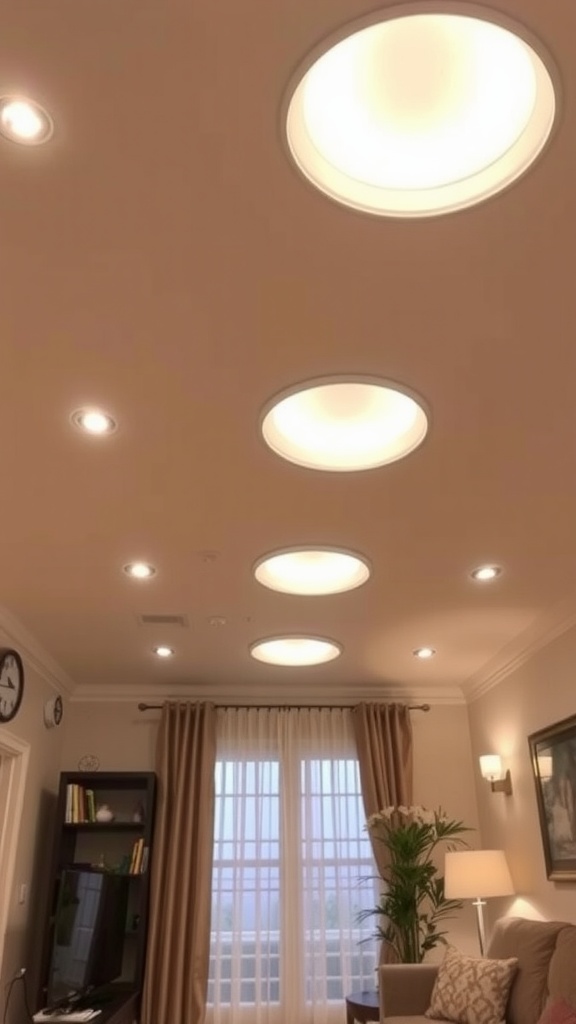 A ceiling with circular recessed lights and additional spotlights, illuminating a cozy living room