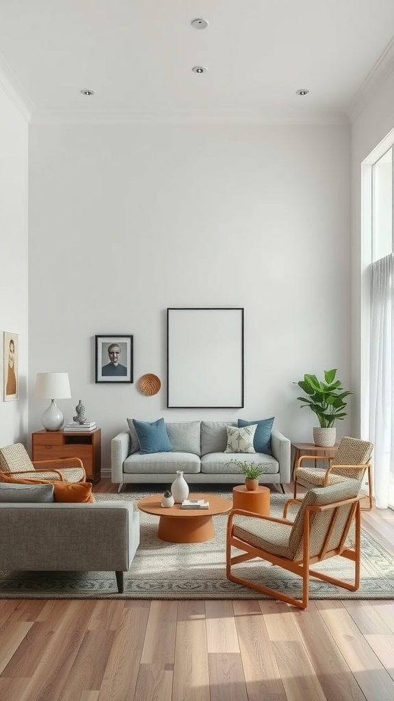 A stylish living room featuring a gray sofa, orange armchairs, and a round coffee table, with artistic wall decor and a green plant