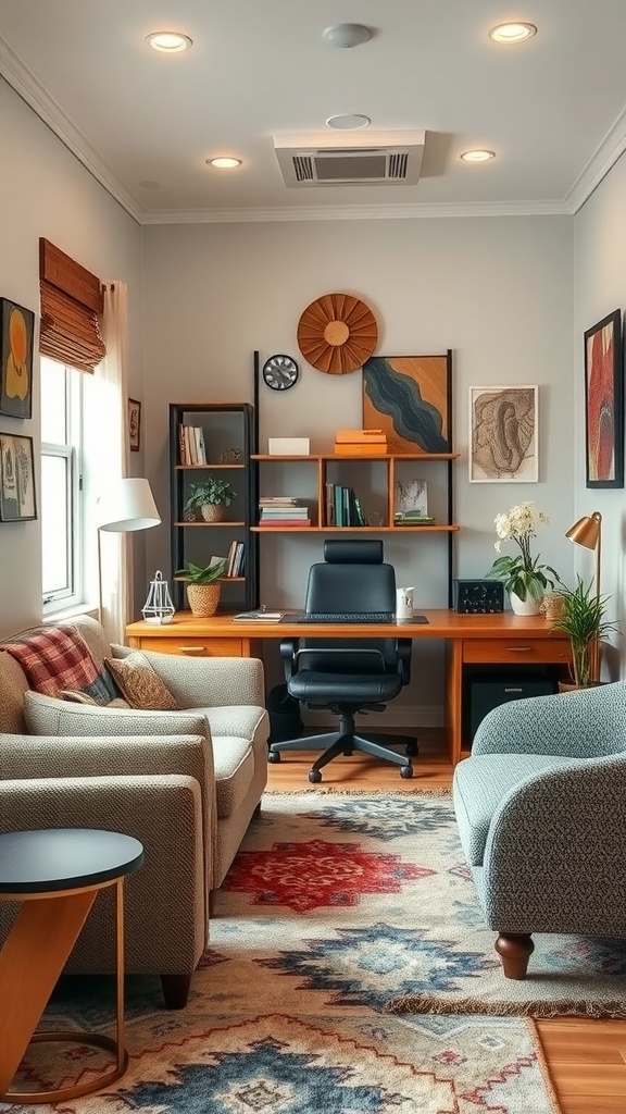 A small office with textured seating, a wooden desk, and decorative wall art.