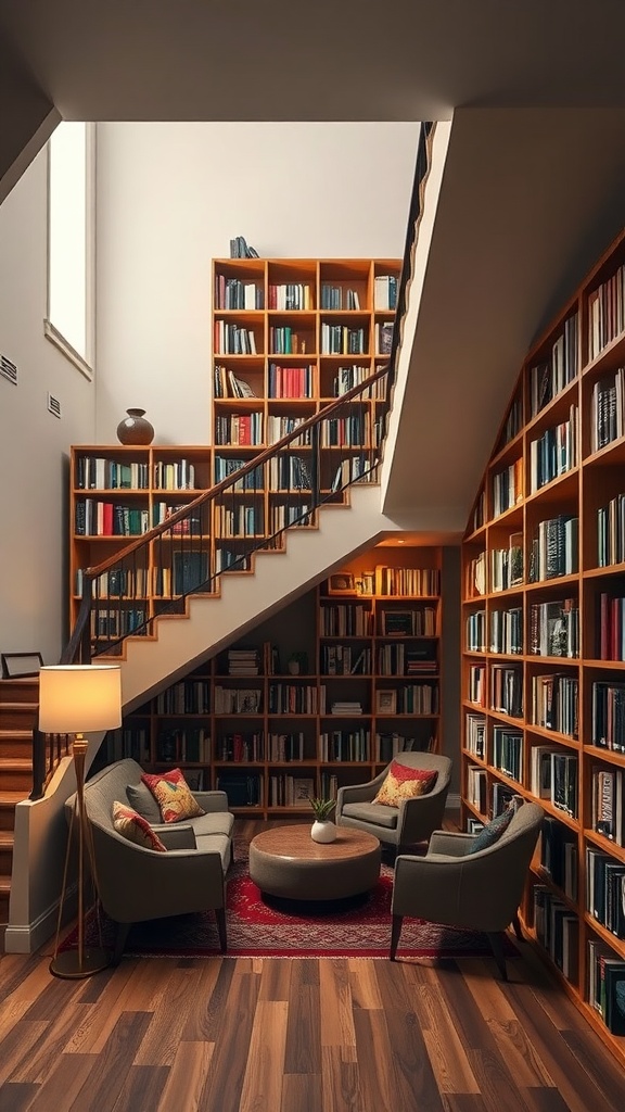 Under stair library with bookshelves, seating area, and warm lighting