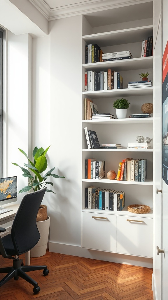 A minimalist home office with a tall shelving unit filled with books and plants