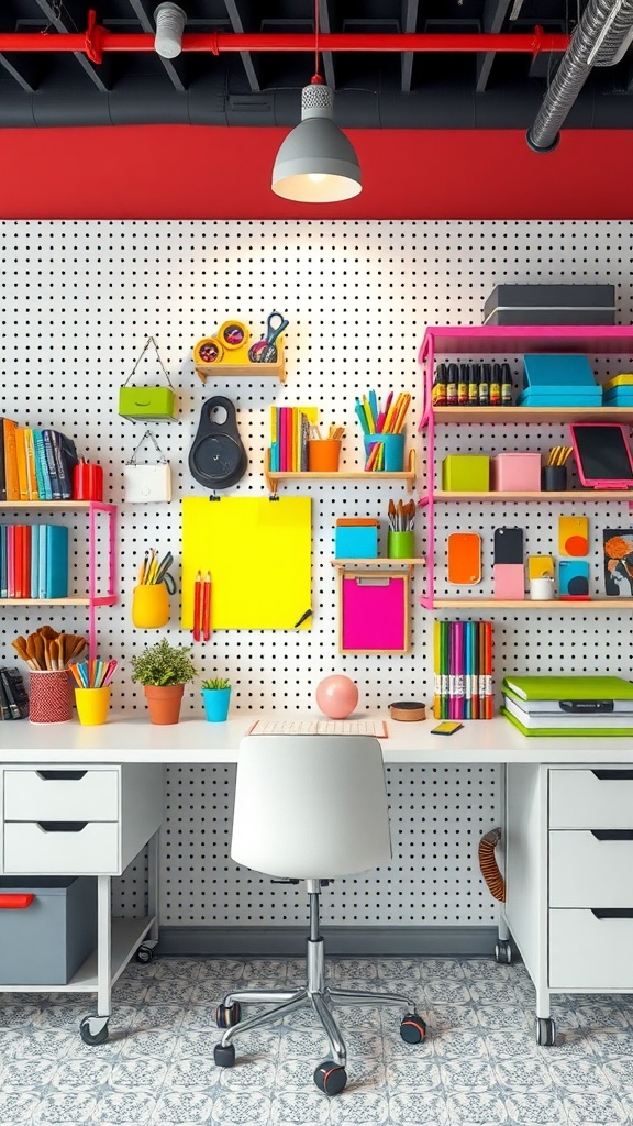A colorful office setup featuring a pegboard wall filled with shelves, stationery, and plants.