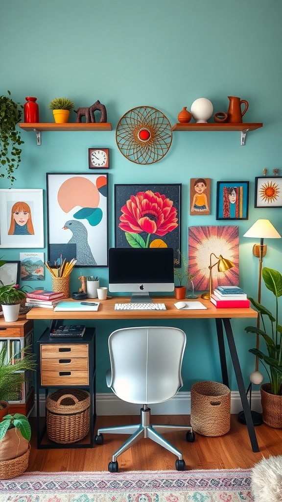 A colorful and creative home office with art supplies, featuring a teal wall, wooden desk, and various artworks.