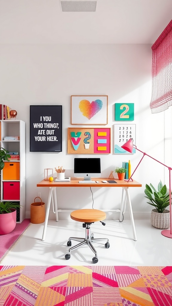 A creative home office with colorful wall art, a modern desk, and plants.