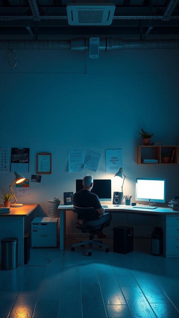 A cozy creative workspace with mood lighting, featuring a person at a desk with multiple computer screens in a softly lit room.