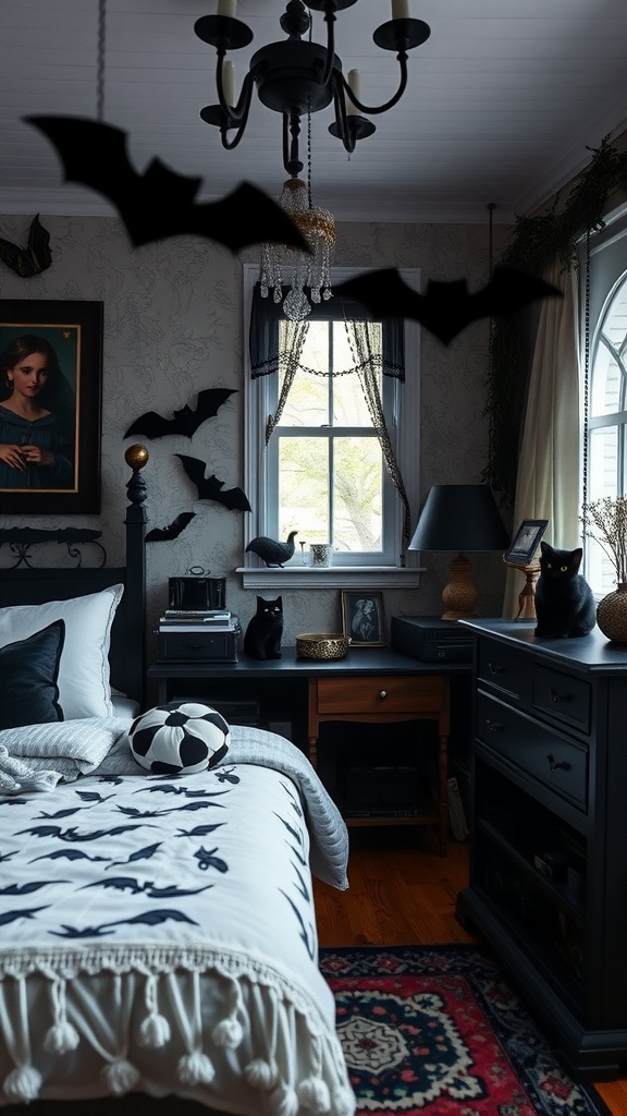 A cozy goth bedroom featuring bat motifs, black cats, and playful accents.