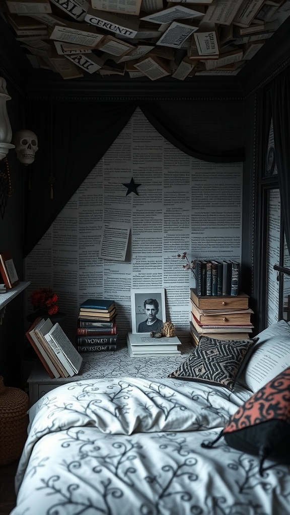 A cozy nook in a goth-themed bedroom with books, dark decor, and a whimsical ceiling.