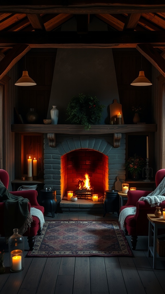 Cozy interior featuring a fireplace with red chairs, candles, and rustic decor