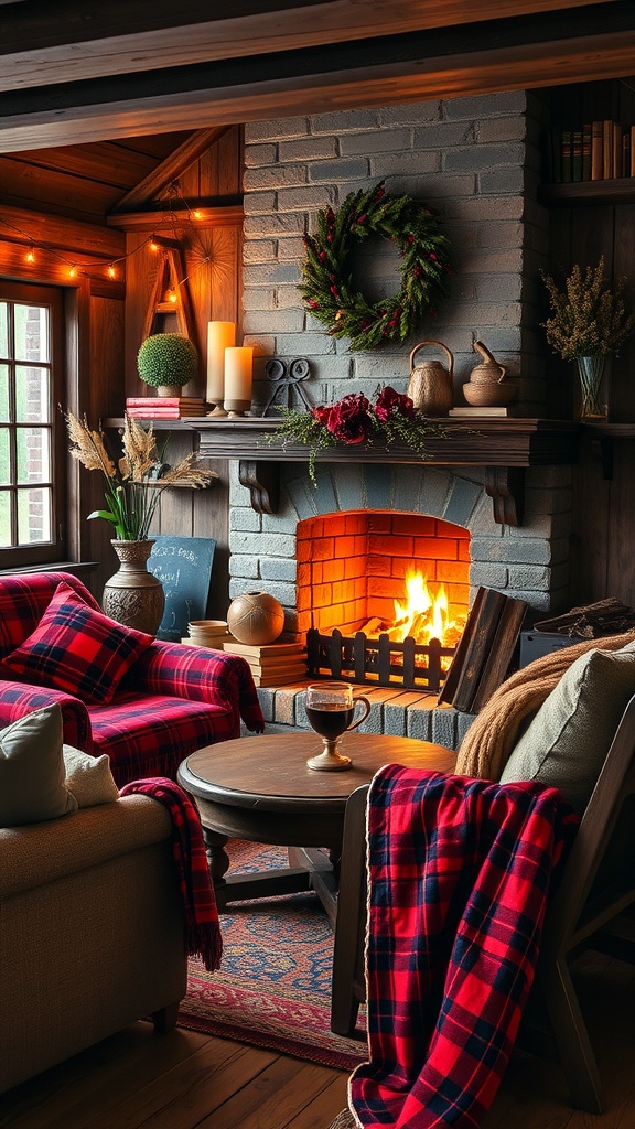 A cozy interior featuring a fireplace with a warm glow, plaid blankets, and rustic decor.