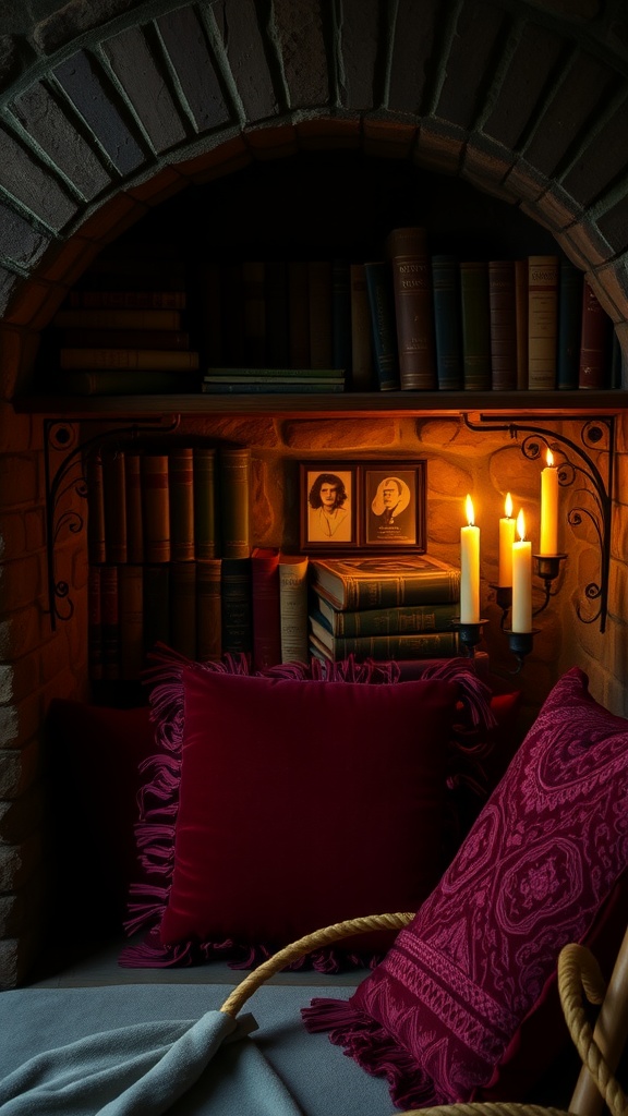 Cozy hearth nook with crimson velvet cushions, candlelight, and shelves of books